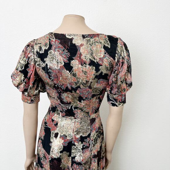 [Hemant & Nandita] Sion Maxi Wrap Dress Metallic Gold Puff Sleeves V-Neck Sz XS - Picture 6 of 14